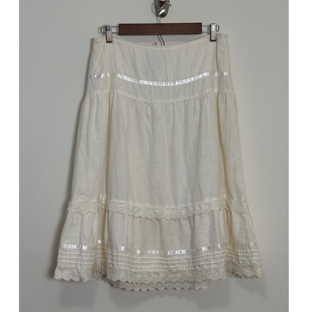 Relativity White Linen Midi Skirt 8 Boho Cottage Tiered Eyelet Lace Trim